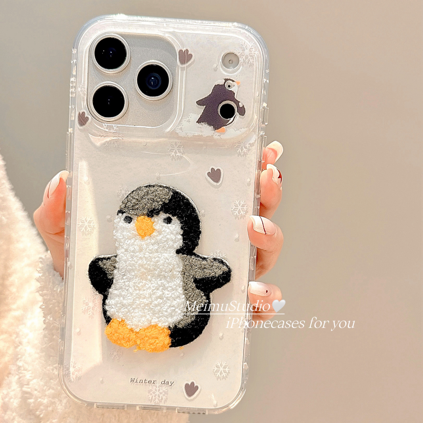 可爱卡通刺绣企鹅适用苹果手机壳