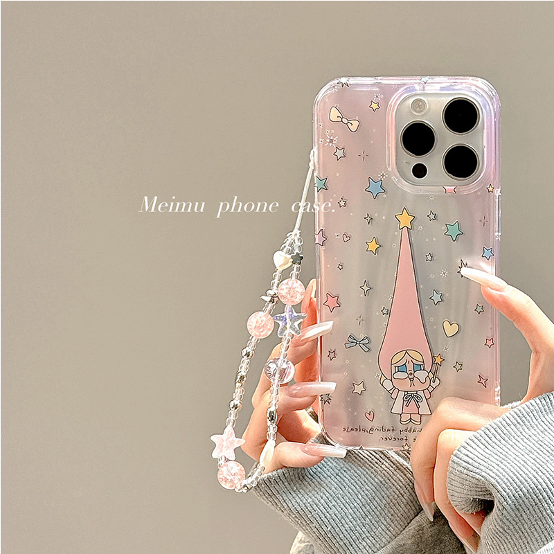 卡通可爱镭射星星长帽哭娃适用苹果16promax手机壳iPhone15新款14pro带链条13少女14高级15pro日韩16全包双层