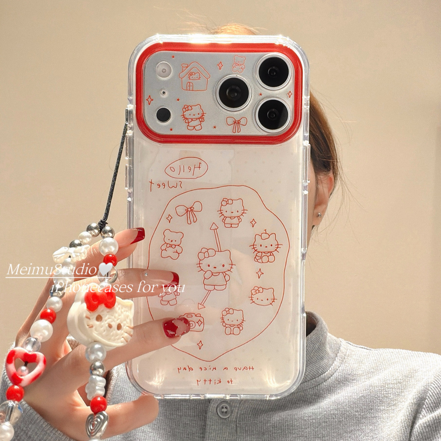 美牧韩风ins红色线条猫咪时钟适用苹果17pro手机壳iphon