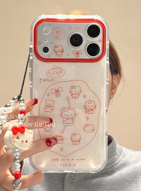 美牧韩风ins红色线条猫咪时钟适用苹果17pro手机壳iphone16promax新款15带链条17女13可爱14pm简约16全包双层