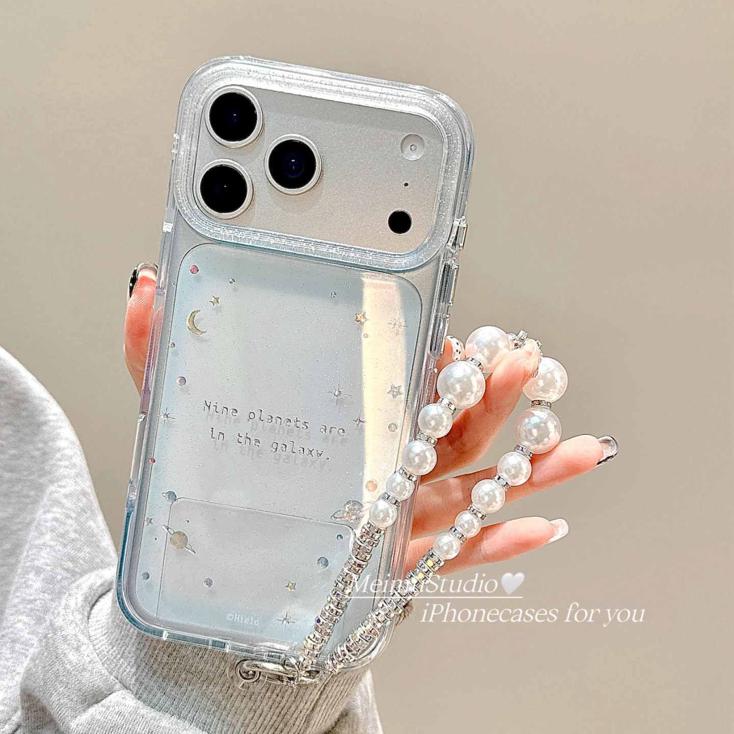 美牧ins梦幻透明闪粉星球月亮适用苹果17promax手机壳iphone16pro新款15带链条17高级14pm女13韩风16创意全包