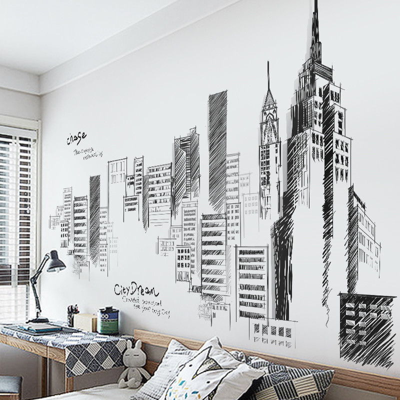 大型创意城市贴画客厅卧室背景墙面装饰贴纸黑白墙壁建筑墙纸自粘图片