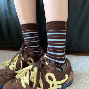 韩版 复古条纹中筒袜春秋美拉德咖色纽扣韩系撞色堆堆袜 袜子女美式