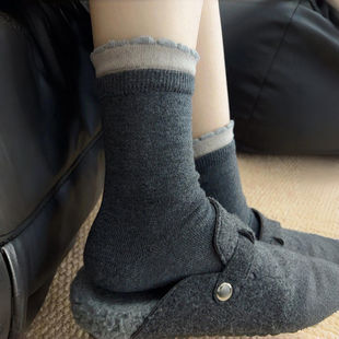 韩版 袜子女秋冬蚕丝羊毛中筒袜加厚保暖ins拼色花边韩系堆堆长袜