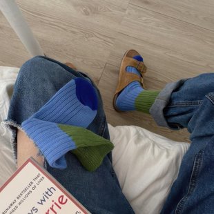 韩版 袜子女日系拼色粗线袜ins秋冬复古纯色堆堆袜学院风中筒长袜