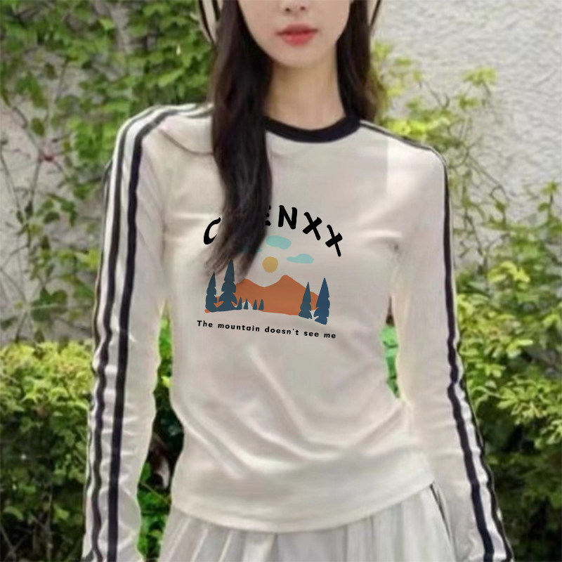潮牌复古三条杠运动休闲长袖女修身显瘦重磅纯棉长袖T恤内搭上衣