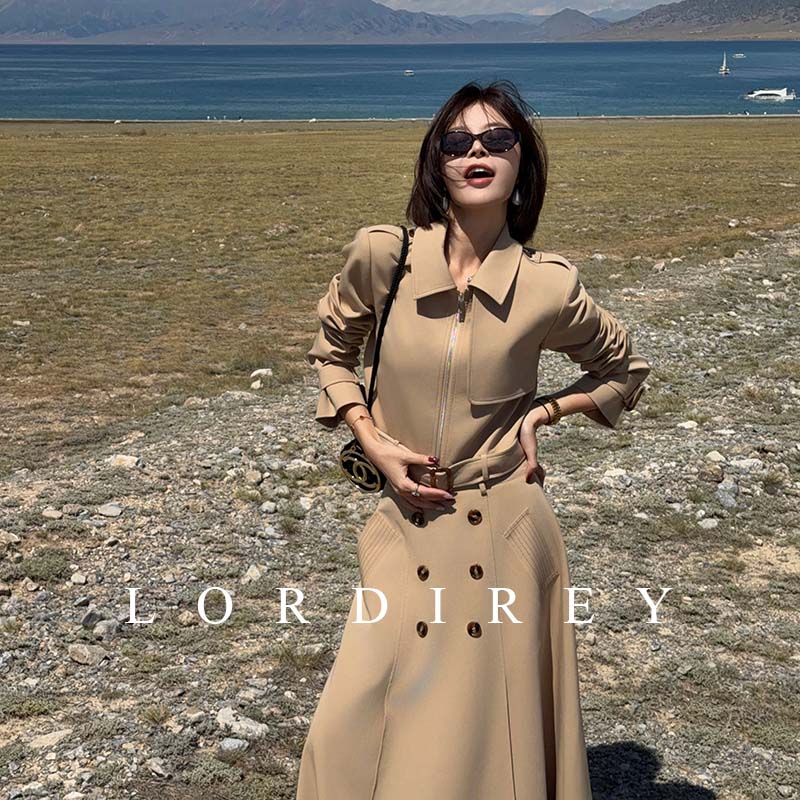 LORDIREY/【驼汀】卡其风衣套装女翻领上衣高腰大摆半身裙两件套