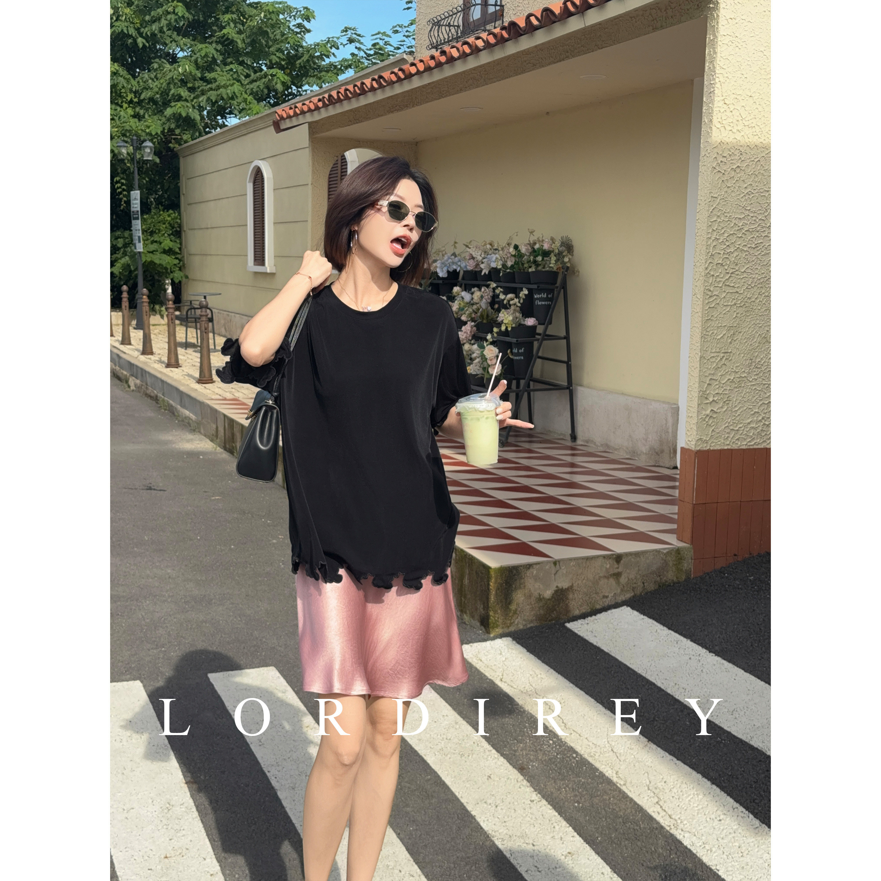LORDIREY/【松墨】95%醋酸花边设计感宽松圆领T恤女休闲百搭上衣