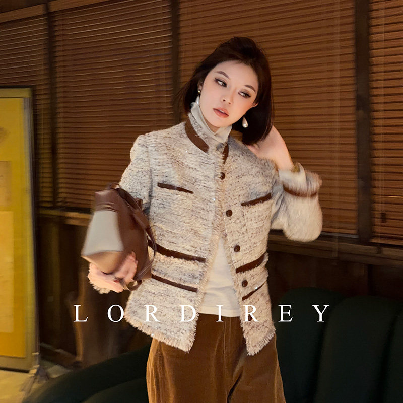 LORDIREY/【云沫】小香风外套女流苏毛边粗花呢圆领短款上衣