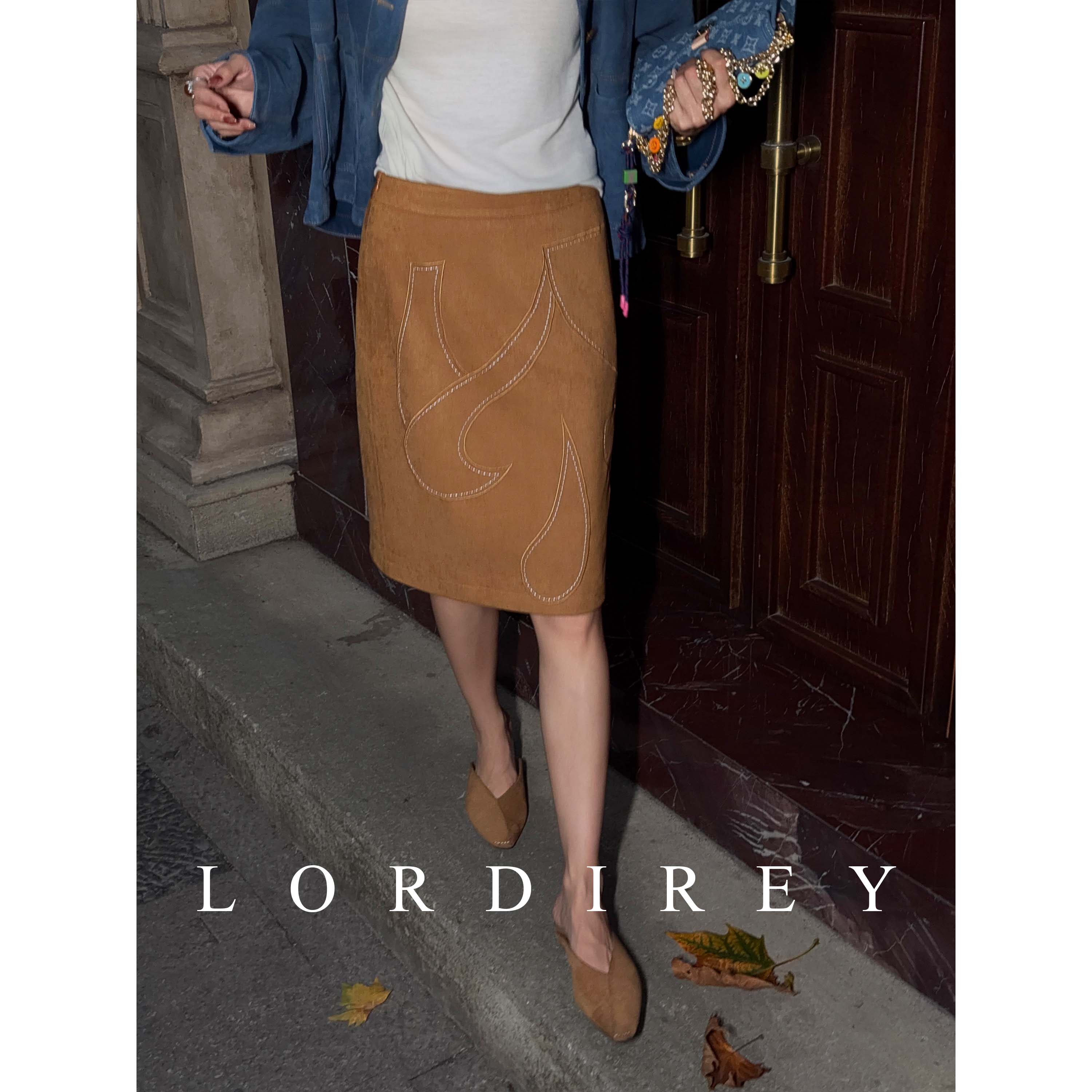 LORDIREY/【绣影】复古刺绣高腰显瘦气质中长款百搭A字半身裙