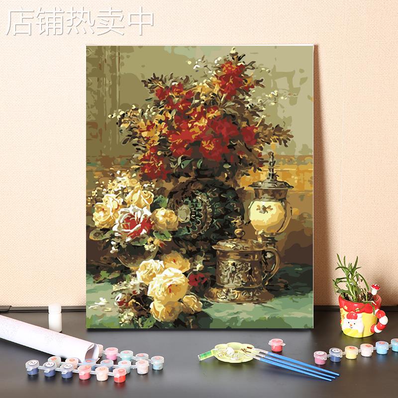 数字油画diy手工填充欧式复古花卉手绘涂色客厅装饰丙烯油彩金小图片
