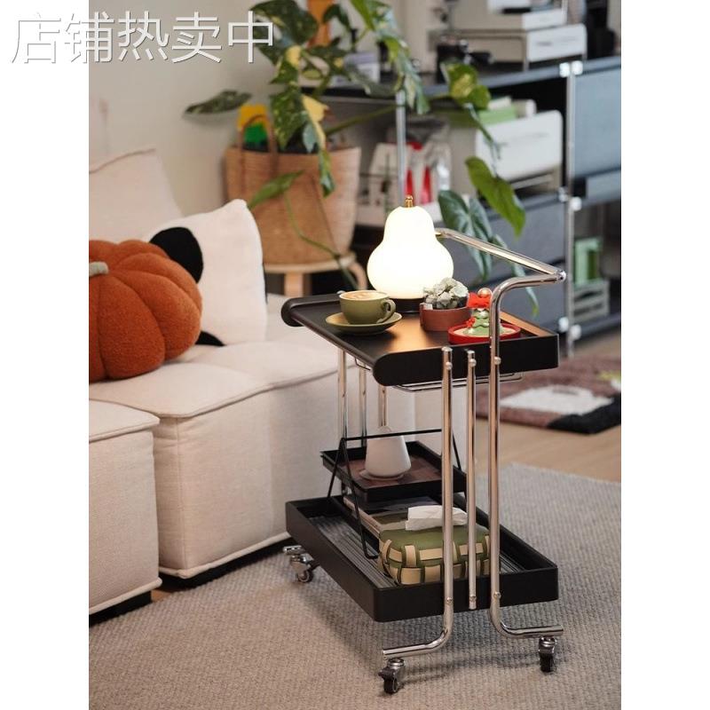 复中古风小推车可移动茶几客厅沙发边几桌床头柜带轮不锈钢置物架