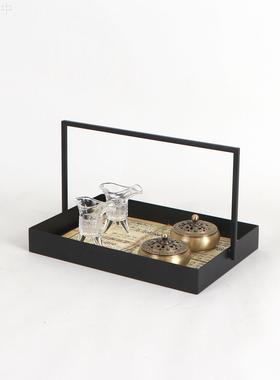 新中式复古铁艺提手托盘组合摆件样版房会所展厅茶室茶几软装饰品