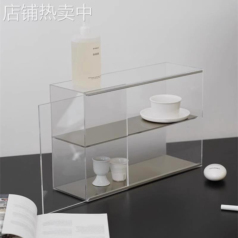 极简不锈钢防尘推拉门收纳架亚克力化妆品收纳盒桌面多层置物架