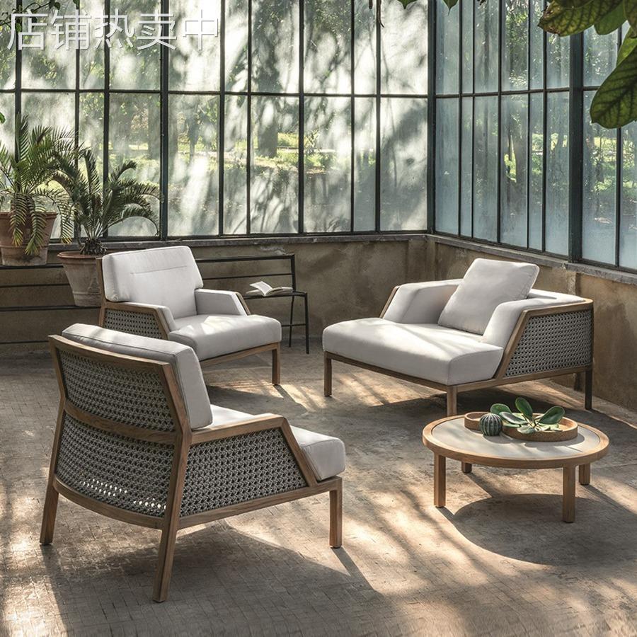 做旧柚木实木户外沙发庭院花园露天酒店藤编单人休闲茶几组合家具