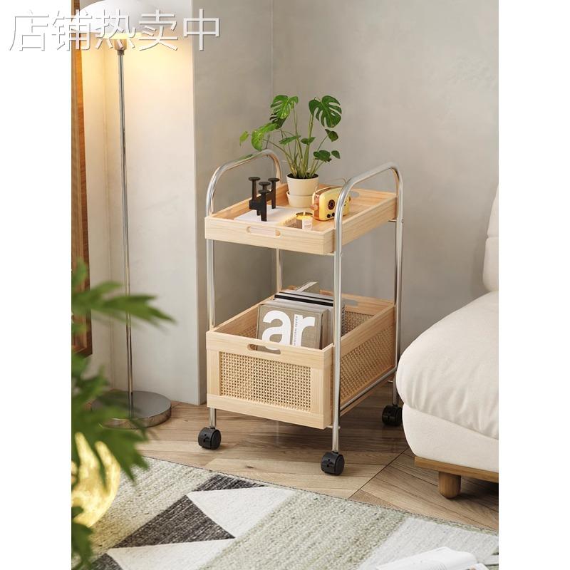家用实木小推车藤编沙发边几置物架收纳可移动迷你茶几边柜小户型