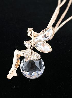 日韩版时尚新品镶宝石女孩长款毛衣链天使之翼吊坠翅膀水晶项链