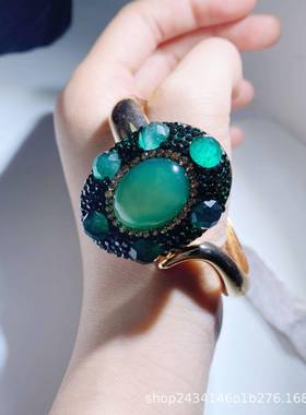 文艺复古式手镯侧面开口镶嵌手作马来玉大气时尚饰品欧美百搭女款