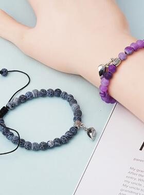 2022欧美跨境热卖紫风化松石情侣手链爱心磁铁相吸玛瑙天然石饰品