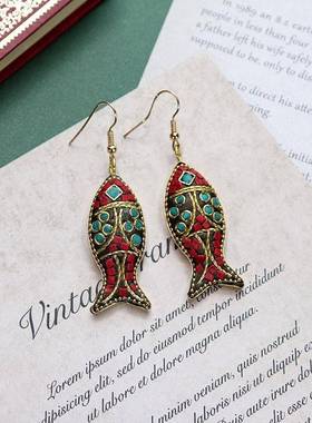 小众设计尼泊尔铜鱼藏式手工项链男女民族风复古气质简约耳环套装