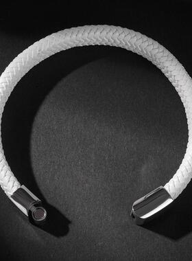 WISH亚马逊爆款手饰钛钢编织皮手镯欧美时尚简约男女手环白色