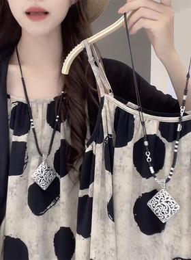 复古民族风大四方吊坠项链新中式毛衣链四方来财毛衣链棉麻配饰品