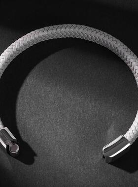 WISH亚马逊爆款首饰钛钢编织皮手镯欧美时尚简约男女手环白色