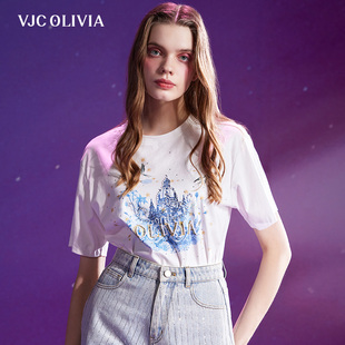 OLIVIA2024夏季 VJC 纯棉重工钉珠短袖 T恤刺绣白色上衣宽松女装 新