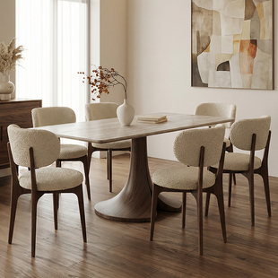 中古风意式实木餐桌长方形现代简约胡桃全托哑光洞石岩板餐桌椅