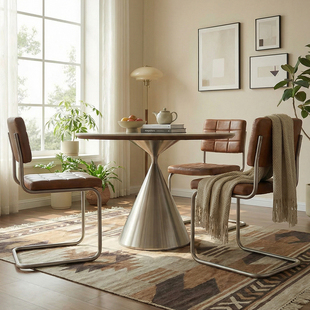 现代简约实用圆桌餐桌家用小户型洞石岩板圆形吃饭桌子洽谈桌子