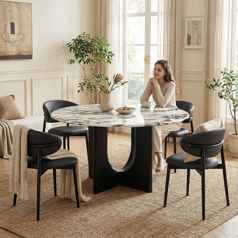 意式轻奢宝格丽大理石圆桌高档黑色圆餐桌家用客厅圆形实木餐桌椅