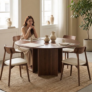 芬尼特复古实木圆餐桌中古风圆桌极简家用饭桌桌子胡桃木圆形餐桌