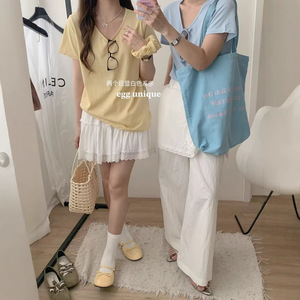 2025新款宽松V领正肩短袖T恤女夏季莱赛尔慵懒风天丝T配发圈LJ