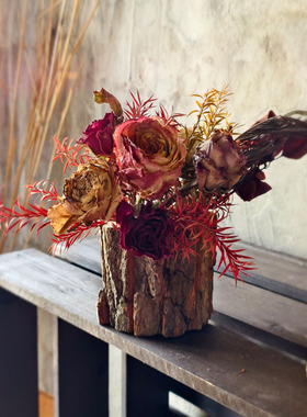 篮子树皮桶花瓶复古文艺玫瑰风干花花束套装水晶草香薰精油真花