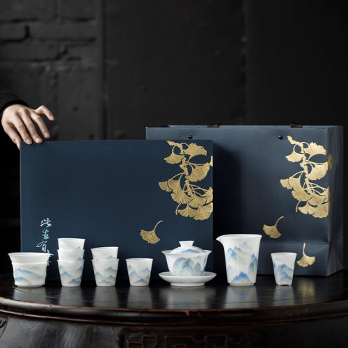 手绘冰种功夫茶具礼盒套装德化全套茶壶陶瓷盖碗茶杯一整套