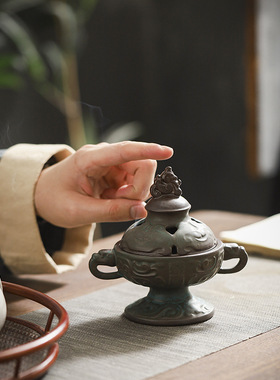 陶瓷香炉 仿古双耳青铜纹家用盘香檀香炉禅意香道家居摆件香薰炉