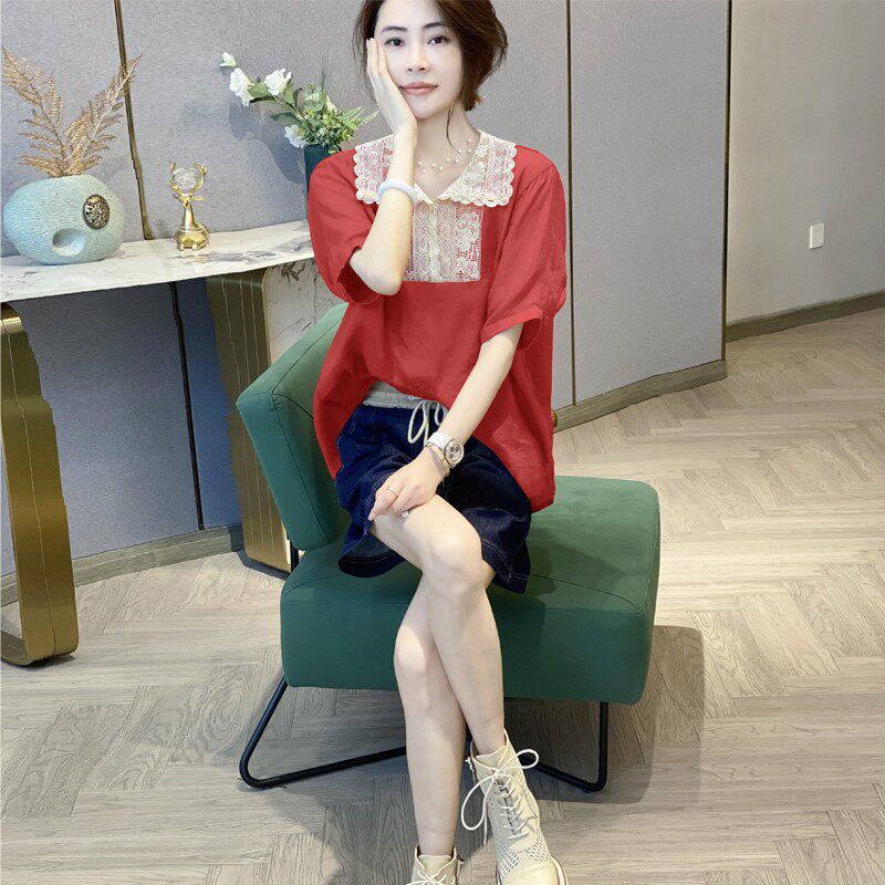娃娃领蕾丝衬衫女士上衣高端气质休闲短袖衬衣夏季2025新款欧洲站