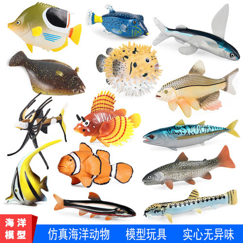 仿真动物模型海洋认知食人鱼飞鱼河豚石头鱼蝴蝶鱼蛛鱼三文鱼玩具