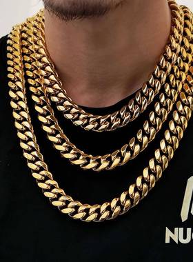 欧美跨境嘻哈弹簧扣不锈钢链条加密古巴链钛钢饰品男士项链