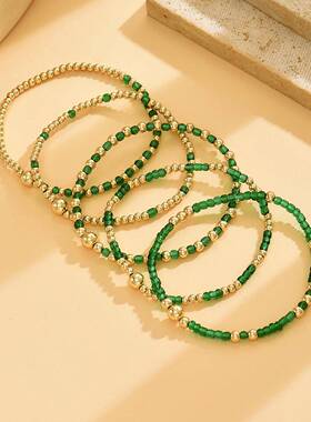 欧美跨境新款甜美森系绿色米珠串珠弹力线多件套手链撞色手饰女