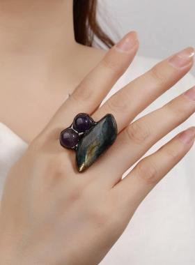 一个复古风天然拉长石组合紫晶圆饼开口可调个性戒指女士派对礼物