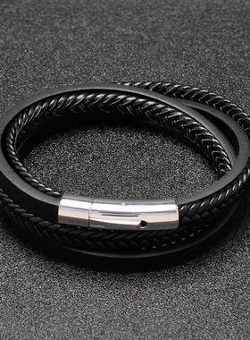 新款上市2022爆品欧美男女士简约编织皮手链高端不锈钢手饰
