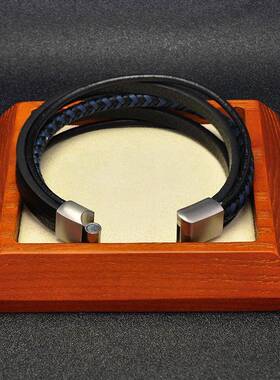 欧美爆款不锈钢多绳编织磁铁扣男士皮革手链拼搭新潮百搭配饰