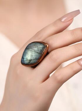 跨境复古风天然闪光石不定形开口圈金古铜可调节个性欧美戒指波光