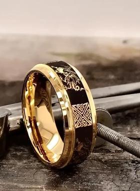新款男士不锈钢金色凯尔特结龙纹戒指8mm金色腐蚀飞龙