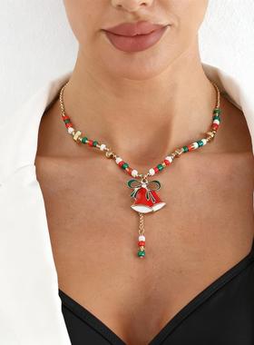 欧美跨境新款项链时尚个性圣诞老人铃铛丝带米珠编织项链女简约