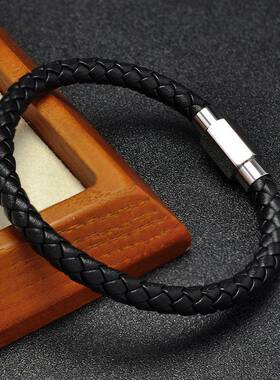 跨境爆款男女情侣款百搭编织高端皮手链不锈钢六角磁铁扣手饰