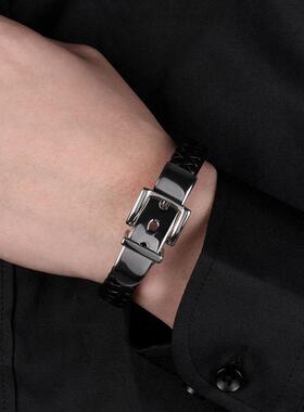 亚马逊爆款欧美手链钛钢编织皮手镯皮带卡扣简约男士高端饰品