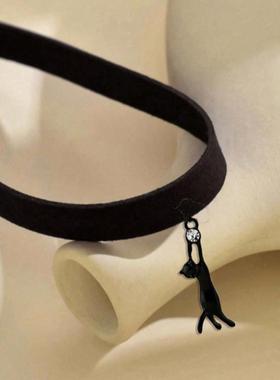 欧美跨境热销甜酷辣妹哥特暗黑风万圣节小野猫吊坠黑色丝绒项链