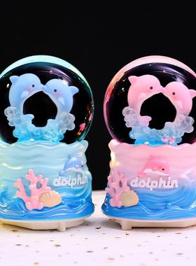 女生卡通心辰屿海水晶球发光飘雪音乐盒桌面摆件节日礼物厂家直销